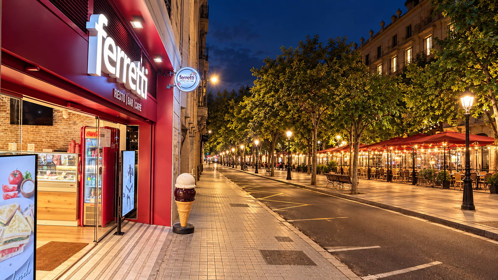Fachada y terraza de Ferretti en Rambla de Catalunya, Barcelona, de noche